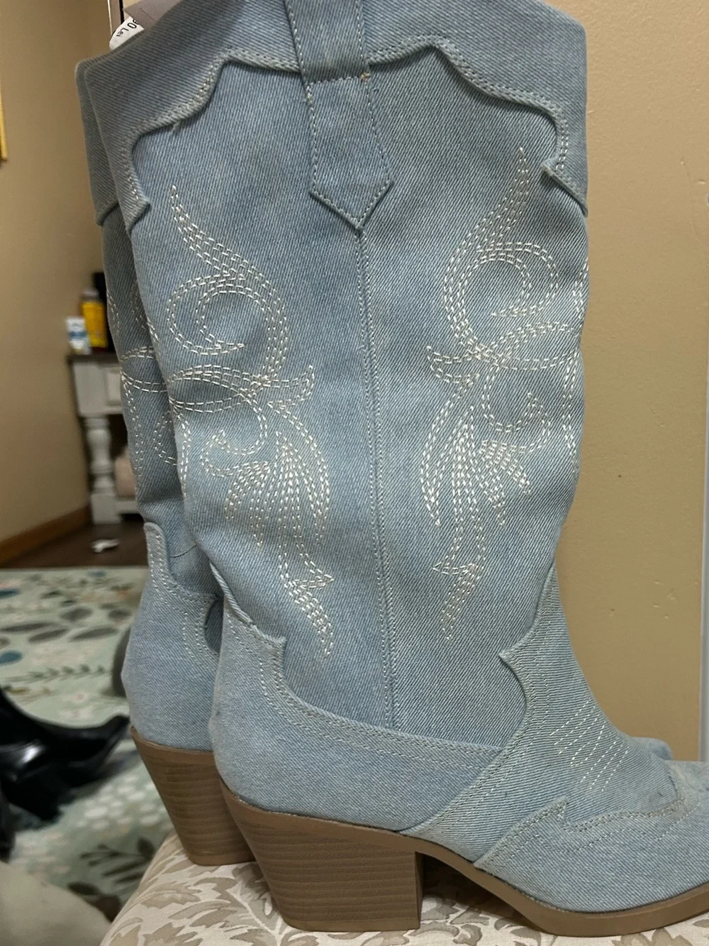 Bershka Light Blue Embroidered Over-the-Knee Western Boots